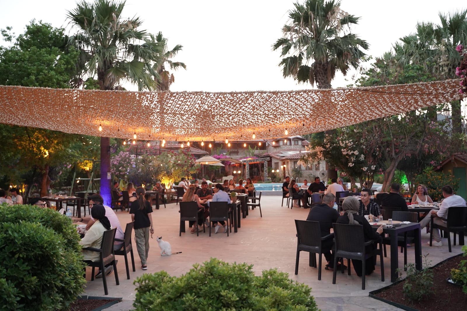 Akşam yemeğinde restoran bahçesi